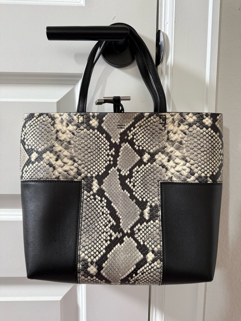 Tory Burch Black and Snake-Print Tote